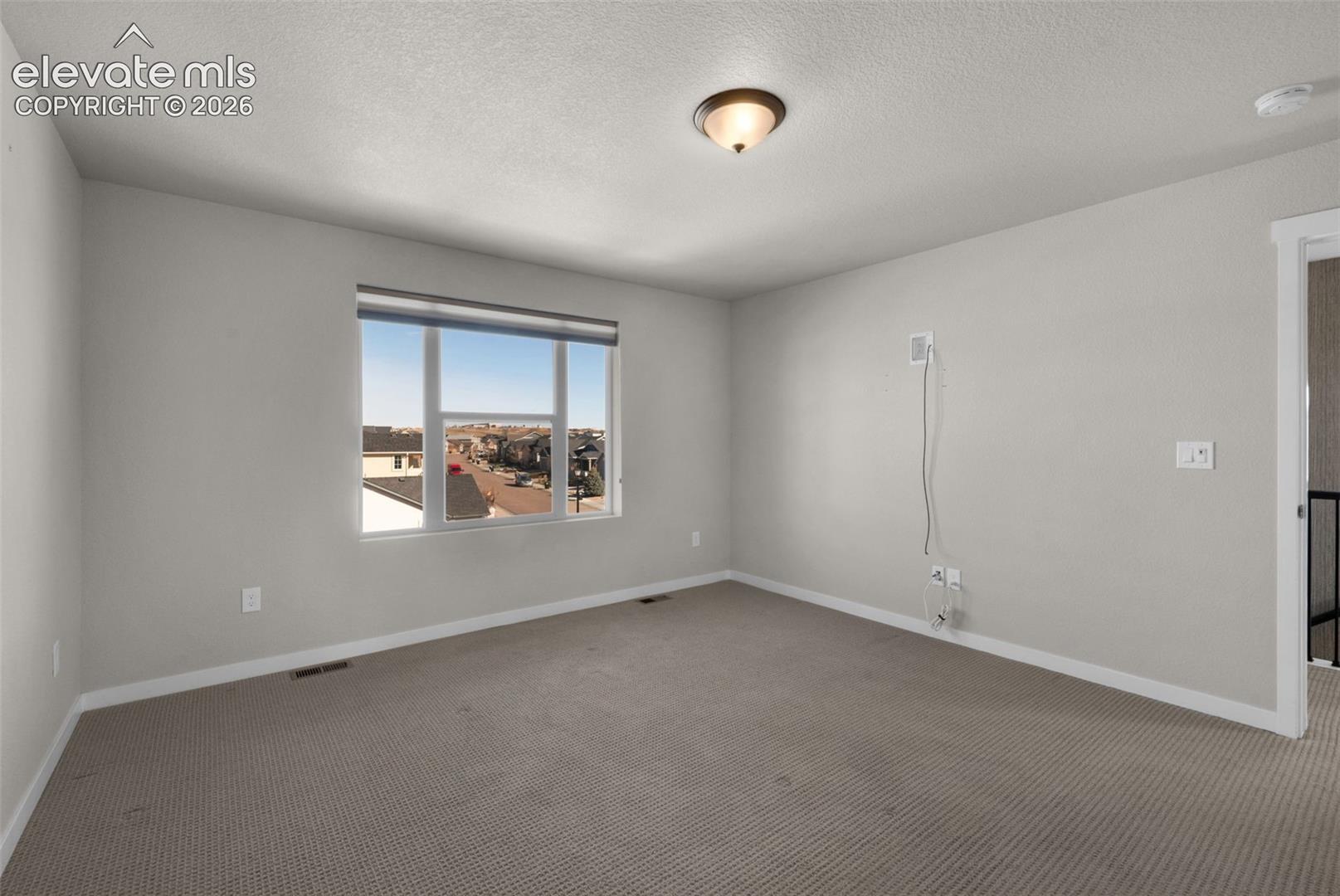 Neutral wall color, wall-to-wall carpeting, window with roller shade, and ceiling-mounted light fixture
