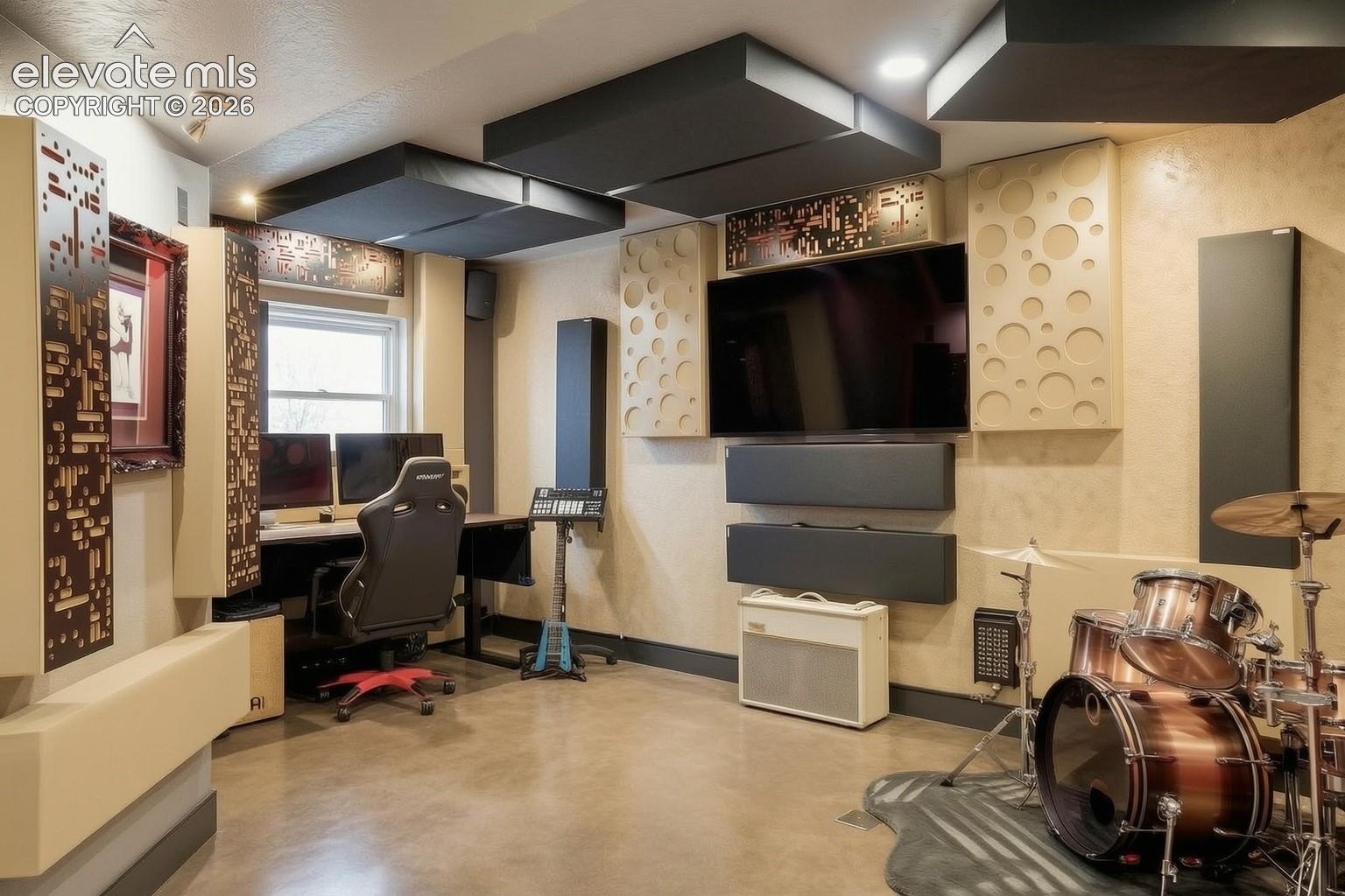 Virtually enhanced paint and window shown because there is an egress window behind the music wall