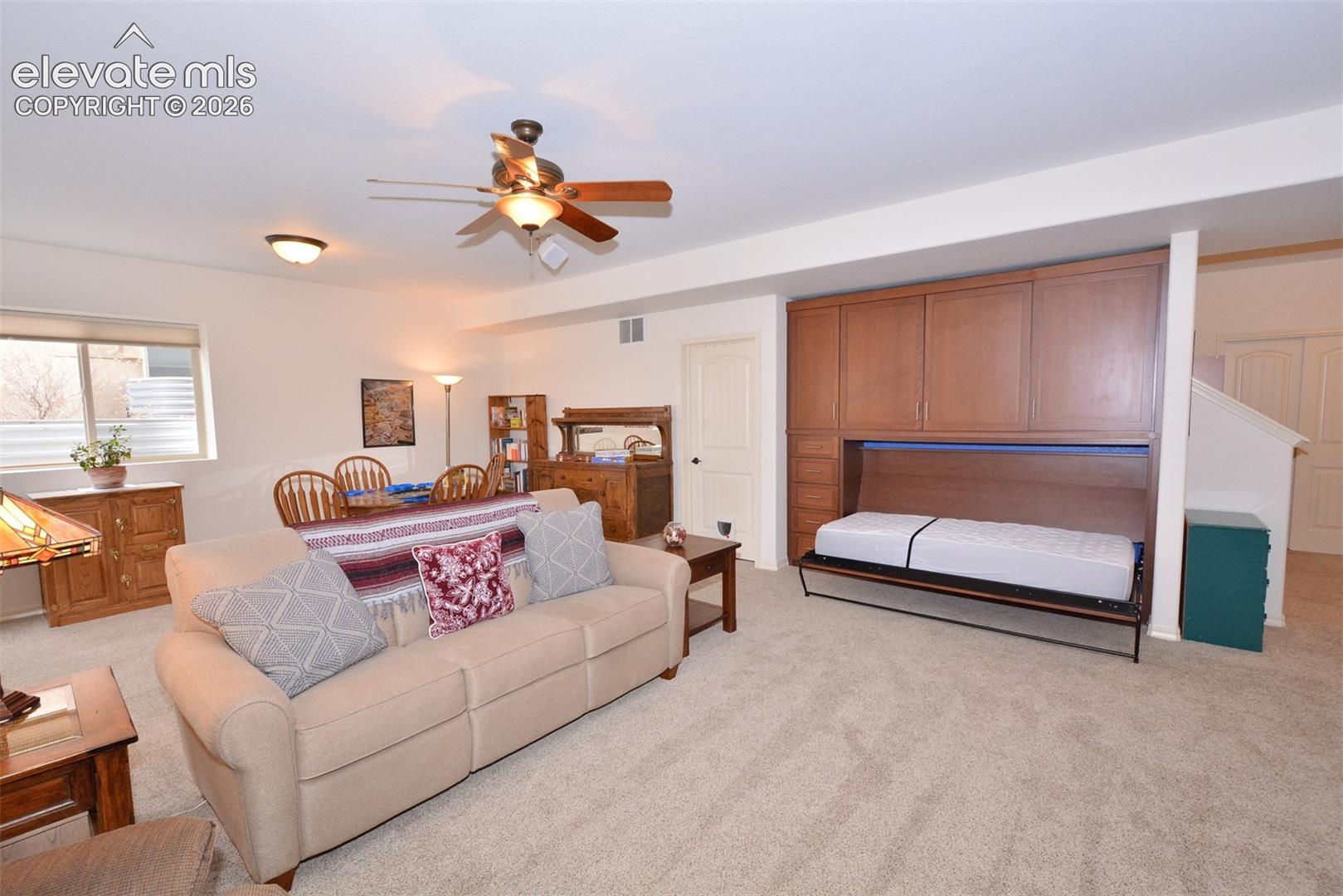 Family room in basement with built-in murphy bed