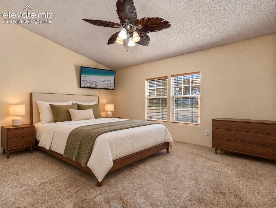 Vaulted ceiling, dual windows with integrated blinds, and palm-leaf style ceiling fan with integrated lighting