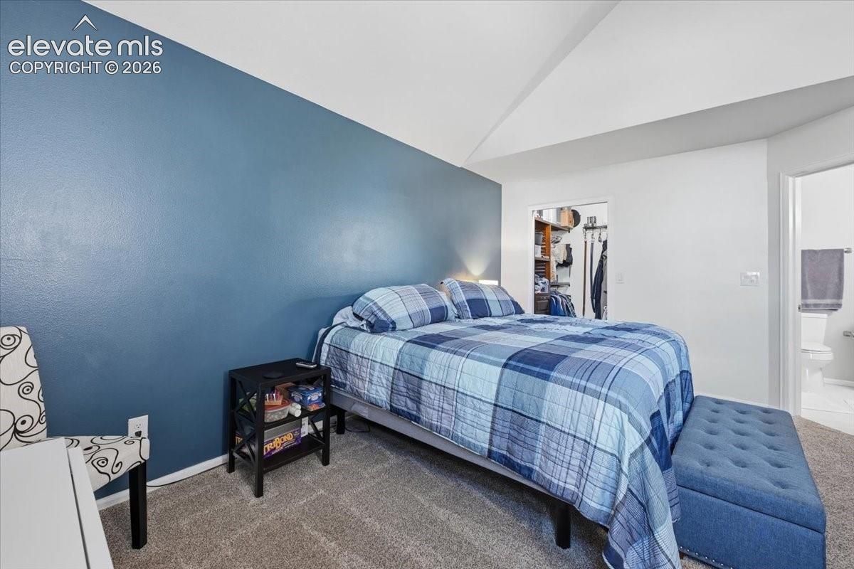 Vaulted ceiling and neutral carpeting