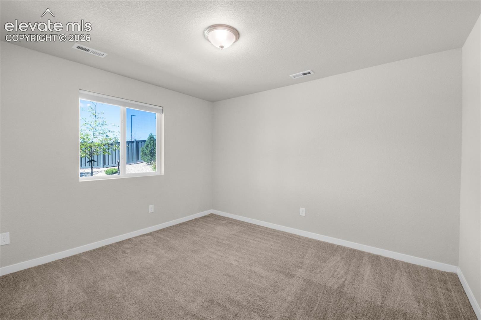 Neutral interior room featuring plush carpeting, a single-pane sliding window, and a central dome-style ceiling light fixture