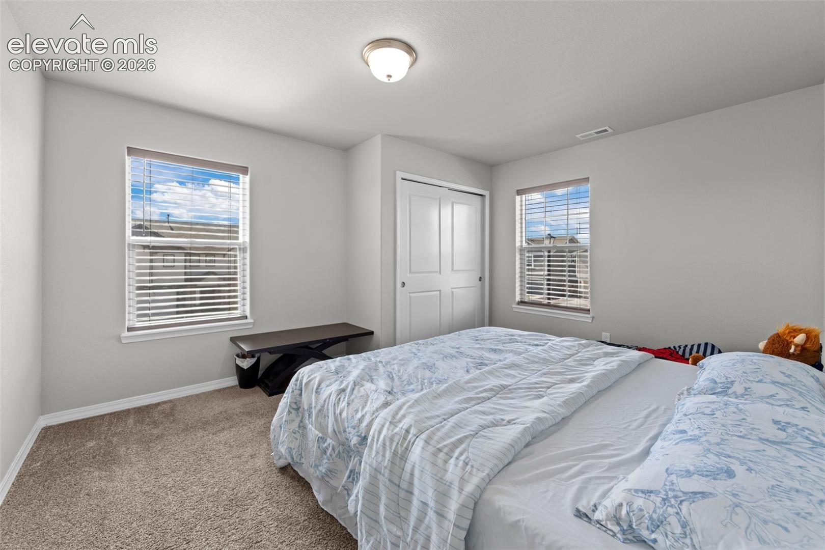 Carpeted room with two windows, a ceiling-mounted light fixture, and a bi-fold closet door