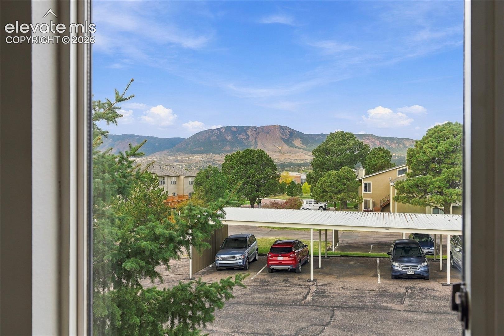 Mountain backdrop featuring mature evergreen trees and covered parking structures