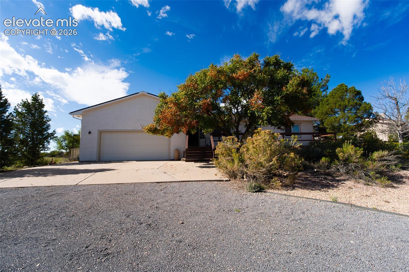 Single-story residence featuring a light-toned stucco exterior, an attached two-car garage, a paved concrete driveway, and mature landscaping