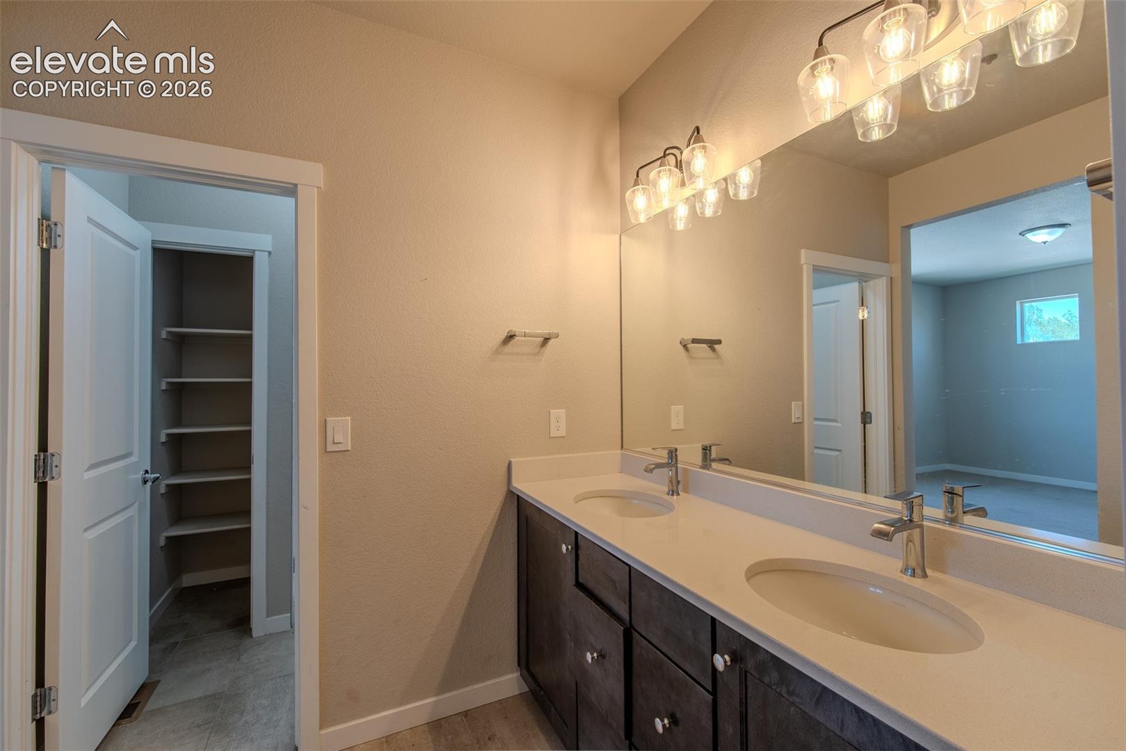Primary Bathroom vanity with dual sinks, mirror, and modern light fixtures.