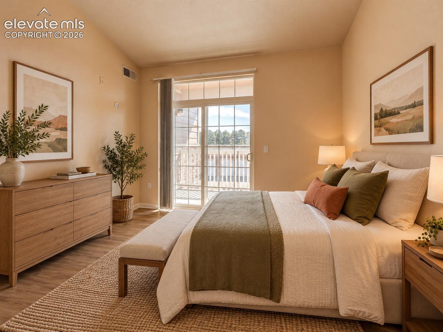 Vaulted ceiling, wood-finish flooring, and sliding glass door with transom window providing outdoor access