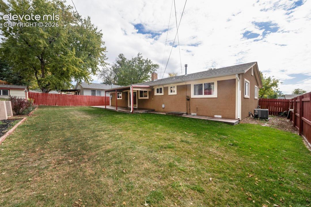Backyard featuring a grass lawn, covered patio, and perimeter wood fencing