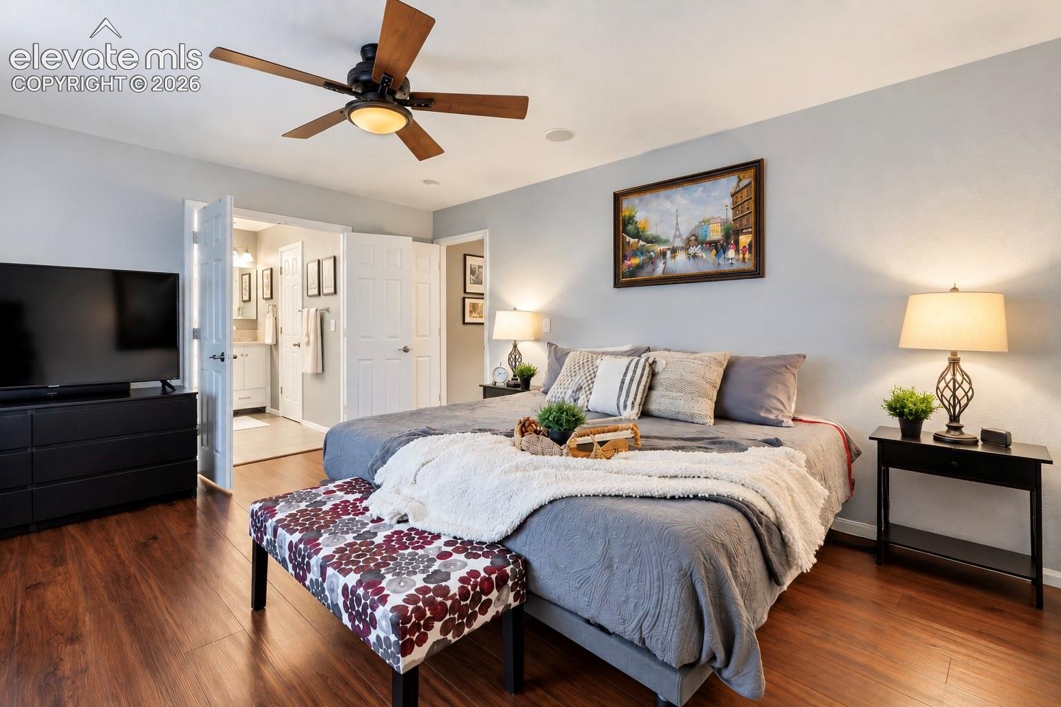 A generous primary retreat offers a peaceful place to unwind at the end of the day.