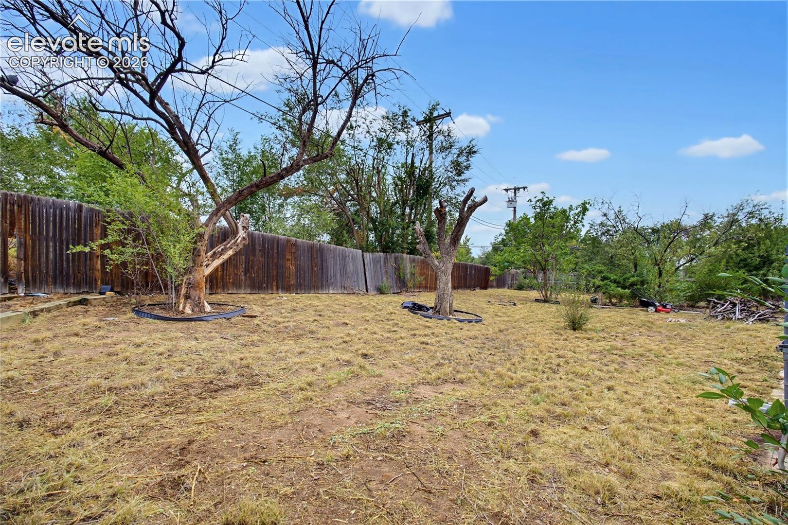 Expansive backyard with a full perimeter wood fence, mature trees, and an open sky