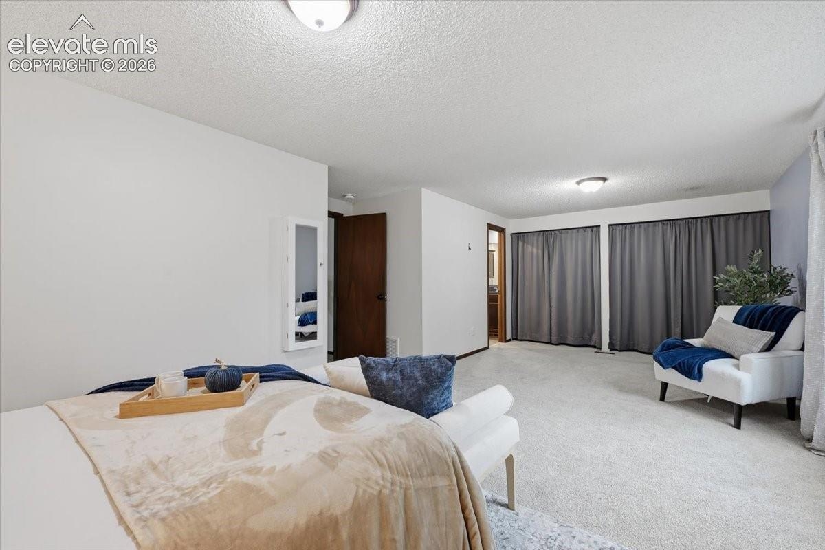 Wall-to-wall carpeting with flush mounted ceiling lights, a wall mounted jewelry cabinet, and a built in closets 