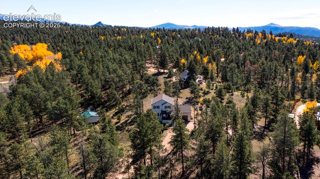 Two-story residence featuring a multi-pitched roof, attached garage, and mountain backdrop, situated on a heavily wooded lot with evergreen and deciduous trees