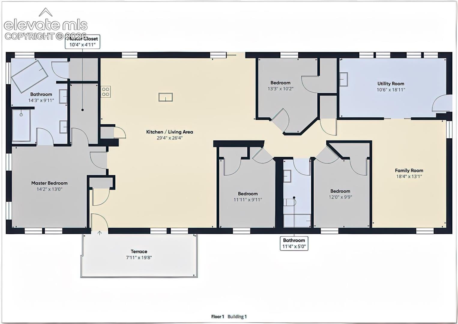 Main Home Floor Plan – Thoughtfully arranged single-level floor plan features four bedrooms, two bathrooms, an expansive kitchen/living area, separate family room, and oversized utility room. The layout offers distinct gathering spaces along with excellent flexibility for everyday living.