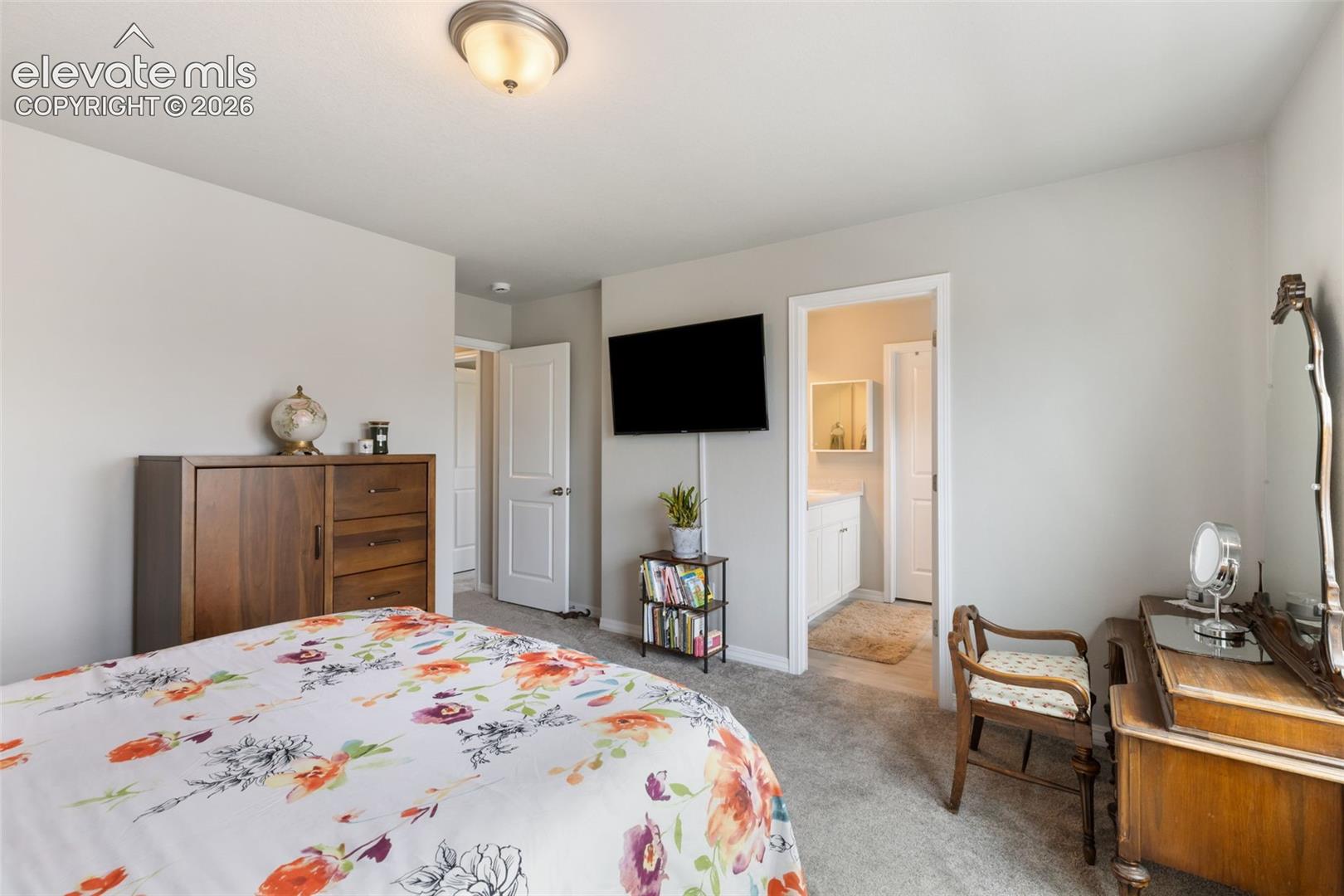 Carpeted room with a ceiling-mounted light fixture, light gray wall paint, and white trim