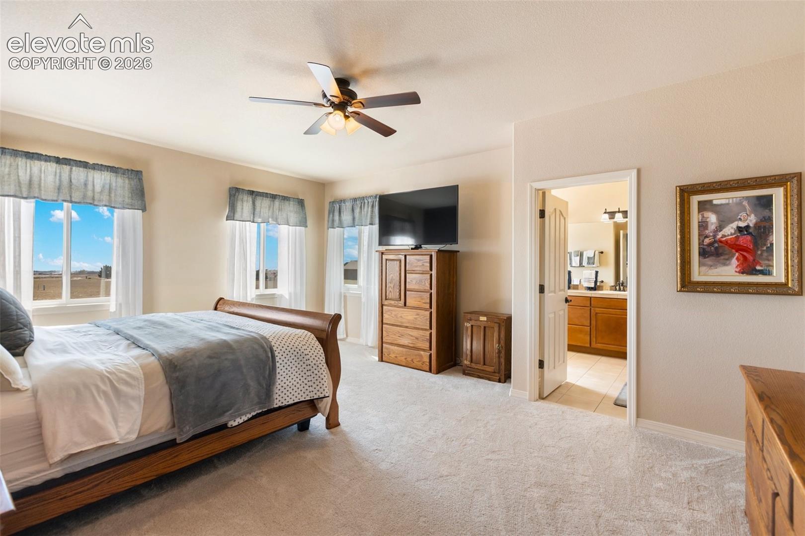 Neutral wall-to-wall carpeting, three windows with natural lighting, and a ceiling-mounted fan with light fixture