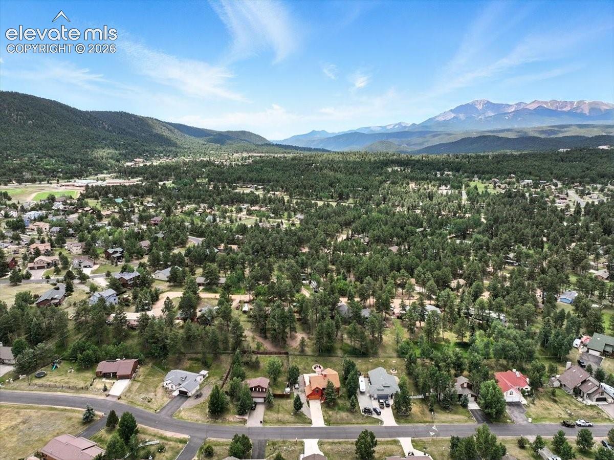 Aerial perspective of the property featuring dense evergreen tree coverage and a prominent mountain range backdrop