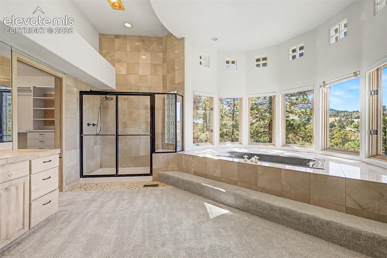Curved wall with multiple large windows, a built-in soaking tub, a separate shower with tile surround, and a vanity with integrated storage