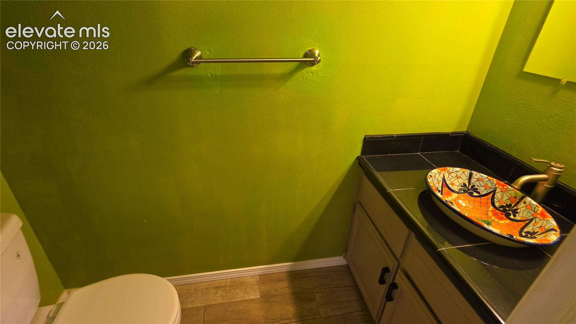 Countertop vanity with integrated sink and storage cabinetry, wood-finish flooring, and a wall-mounted towel bar