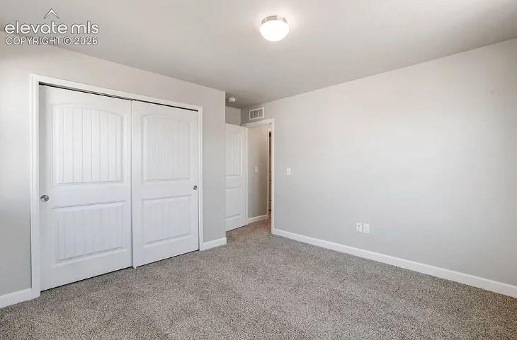 Neutral-toned carpeted flooring, sliding double-panel closet doors, and a flush-mount ceiling light fixture