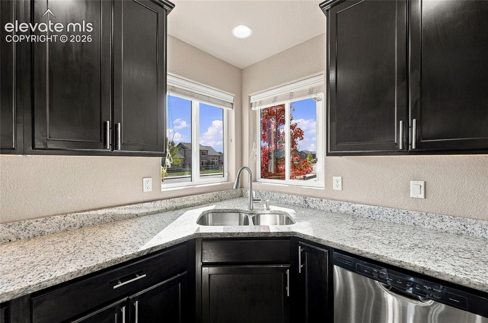 Kitchen corner featuring dark-finish cabinetry, stone-composite countertops, stainless steel dual-basin sink with arched faucet, and built-in stainless steel dishwasher