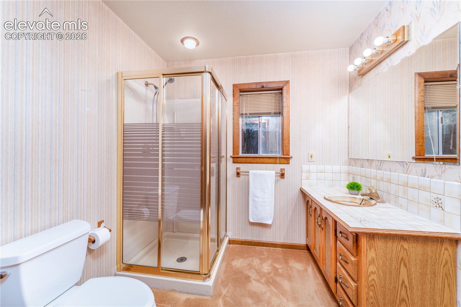 Vanity with wood-finish cabinetry, tile countertop, and a large mirror
