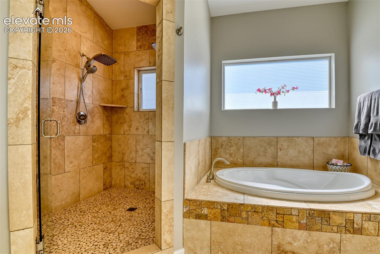 Tiled shower and spa tub.