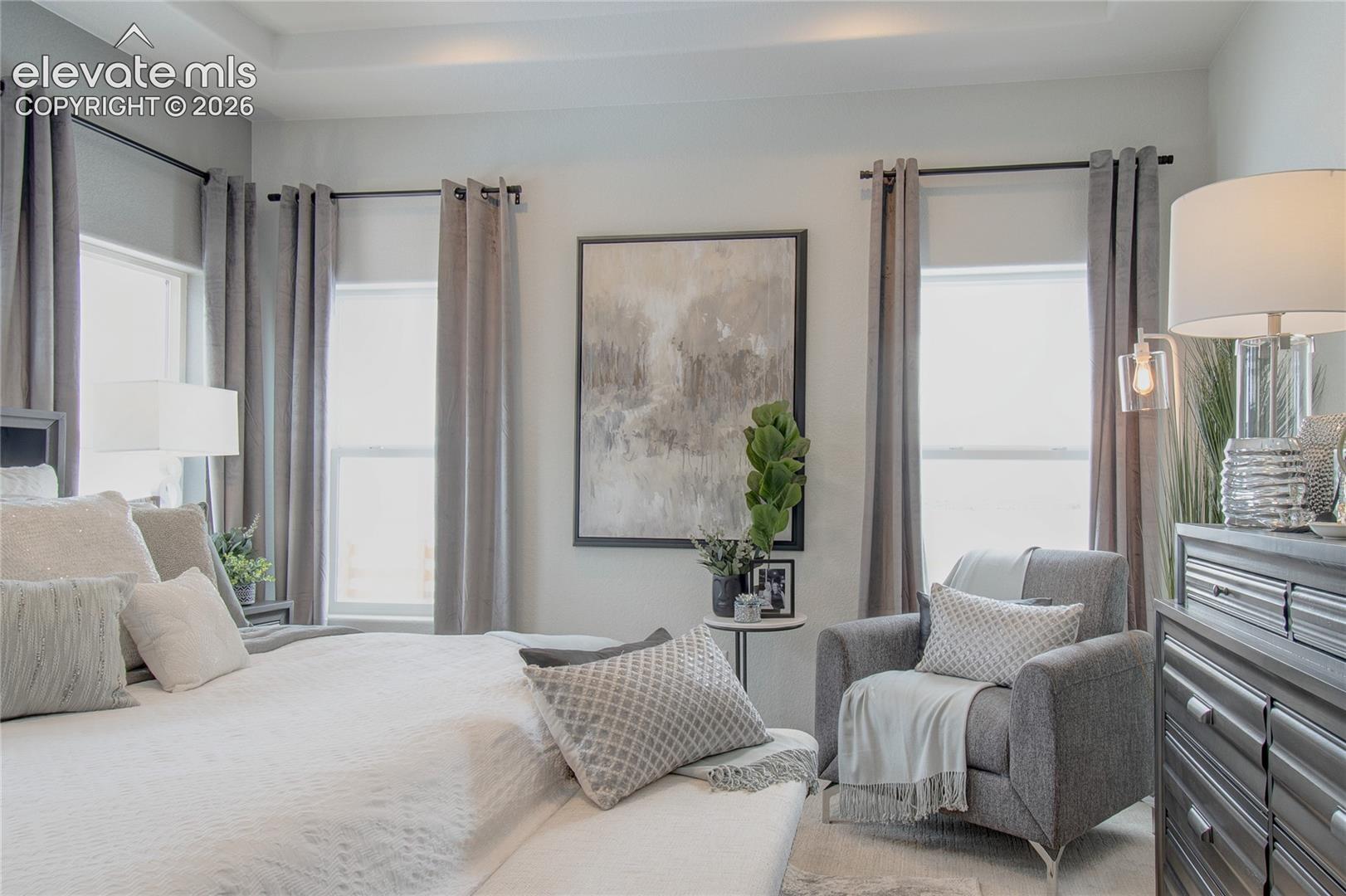Tray ceiling and three large windows with dark-finish hardware