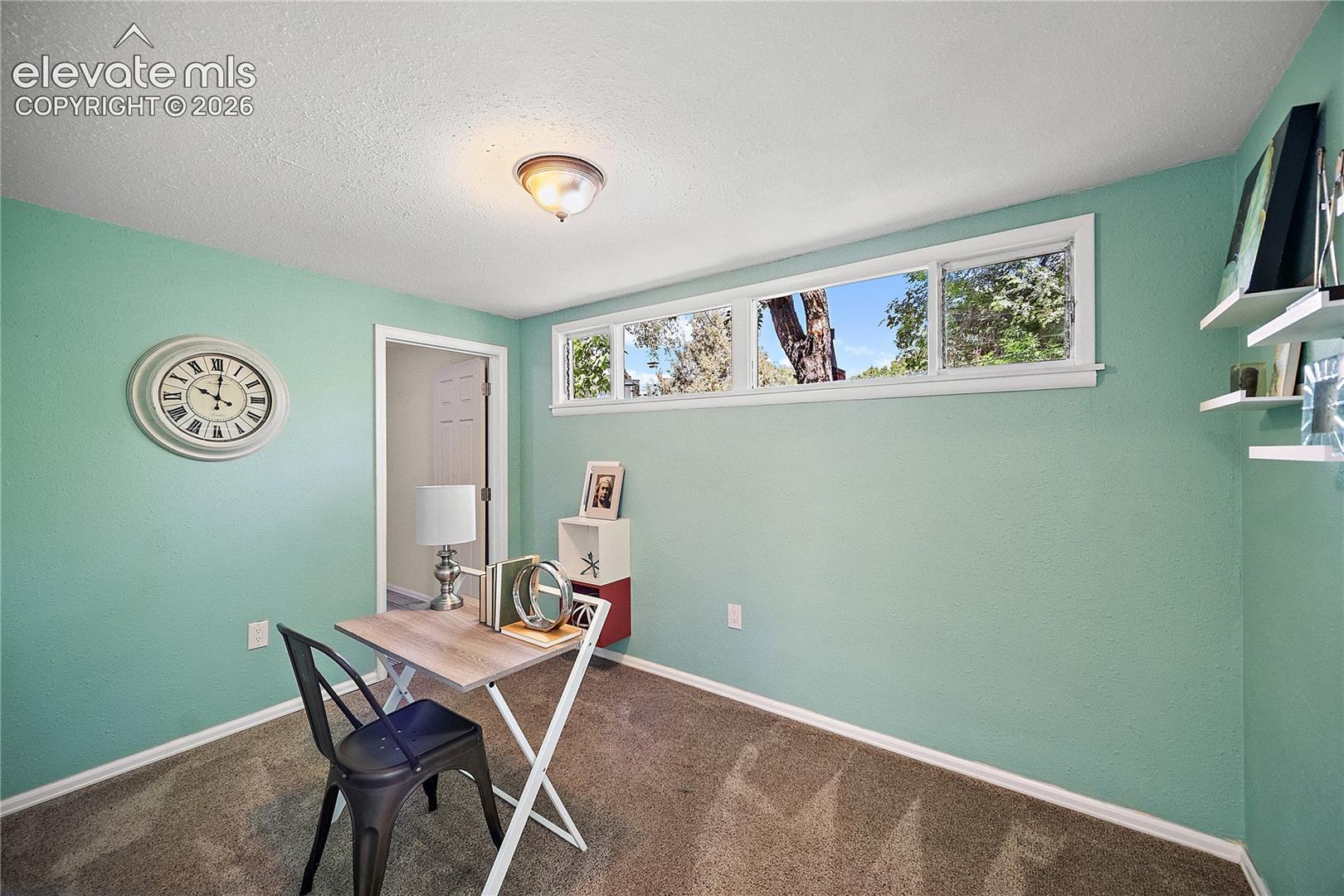 Room featuring a textured ceiling, a flush-mount light fixture, and light green walls