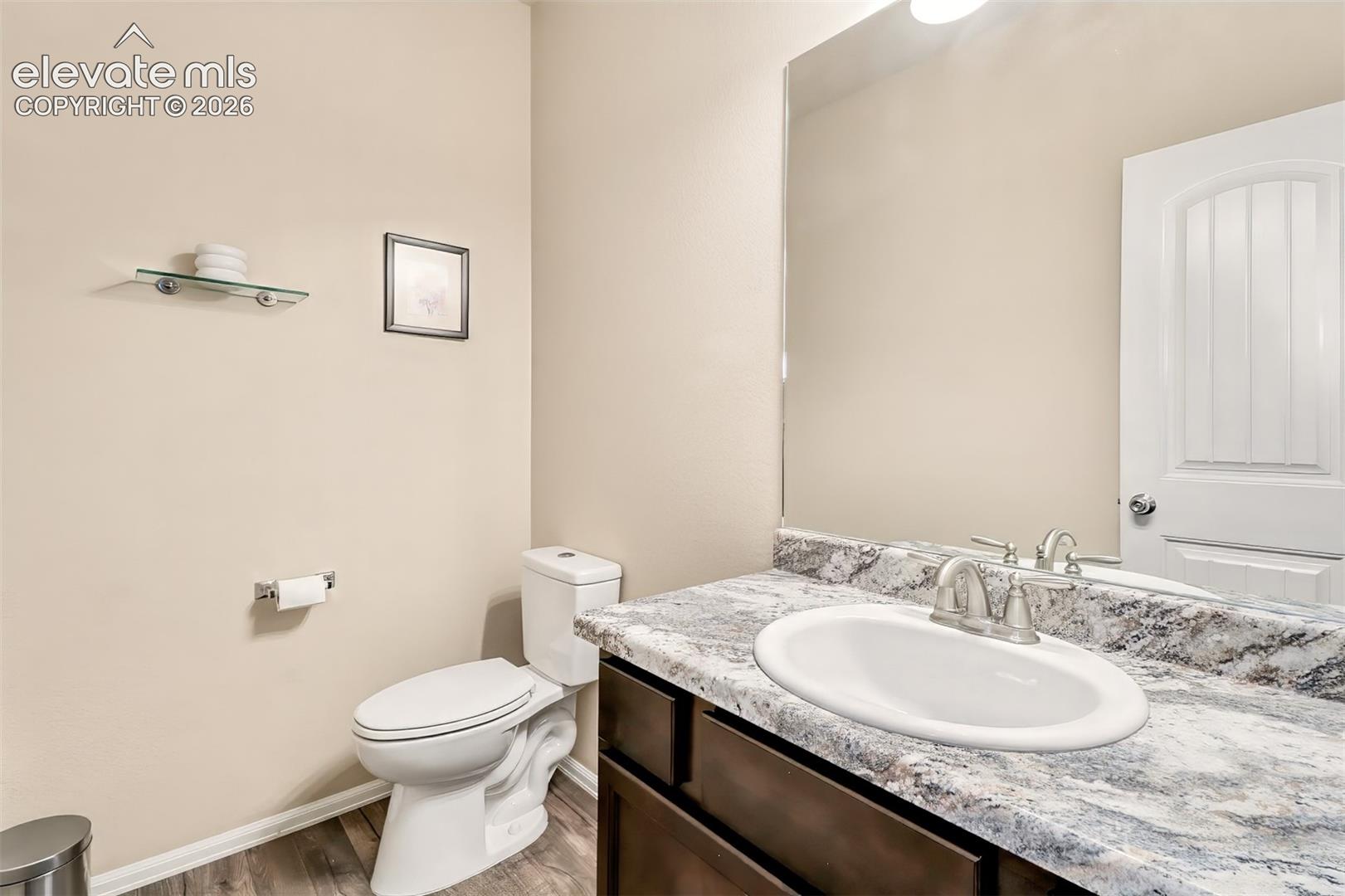 Vanity featuring a stone-patterned countertop, oval undermount sink, dual-handle faucet, and dark-finish cabinetry, complemented by a large wall-mounted mirror, wood-finish flooring, and a glass-shelf accent