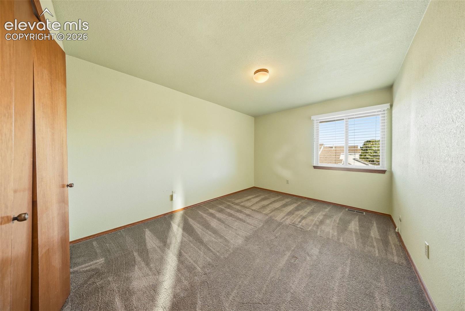 Room featuring textured carpeting, neutral wall coloring, flush-mount ceiling lighting, a sliding door closet, and a window with blinds