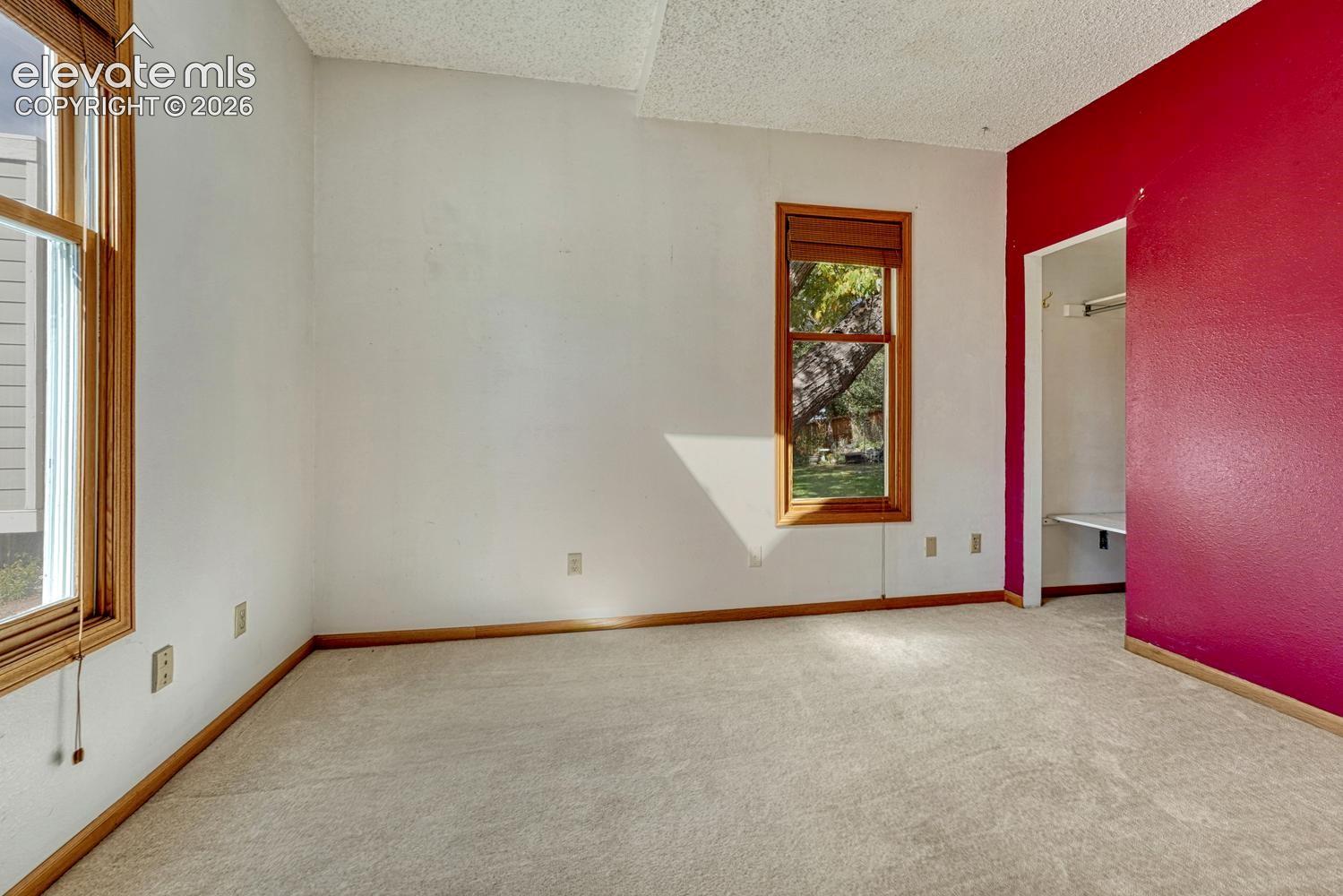 Carpeted flooring, wood-framed windows, and built-in closet shelving