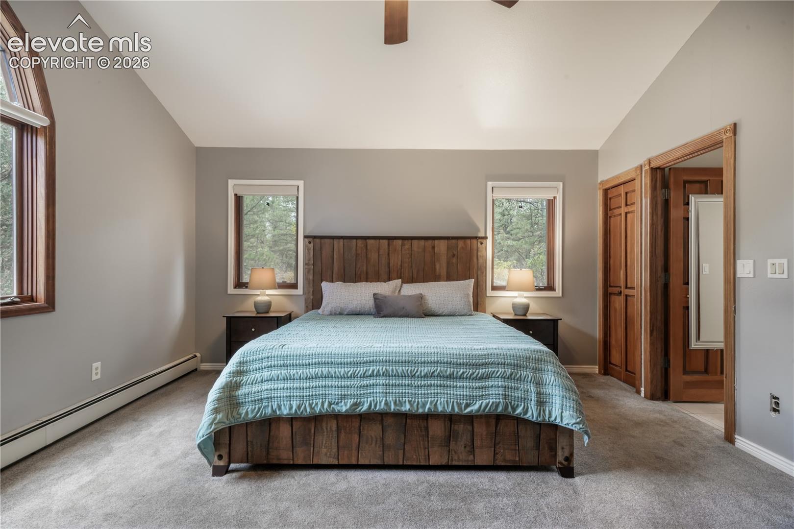 Carpet, ceiling fan and walk-in closet
