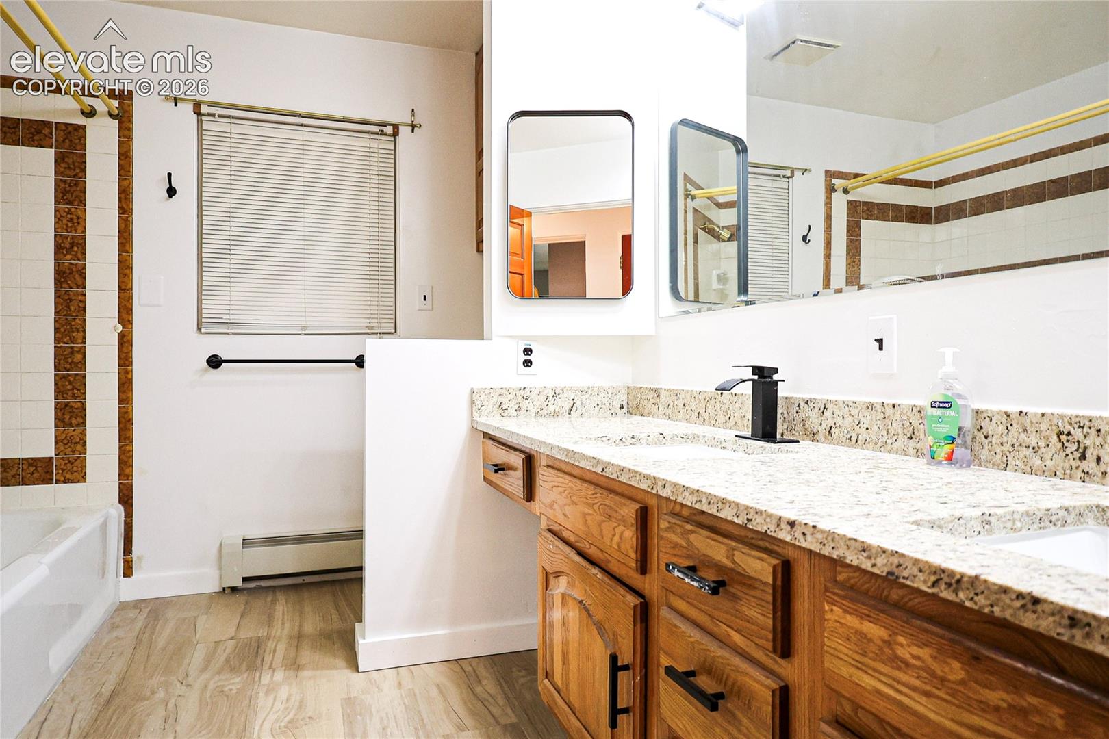 Double vanity with granite-style countertop, wood-finish cabinetry, and undermount sinks