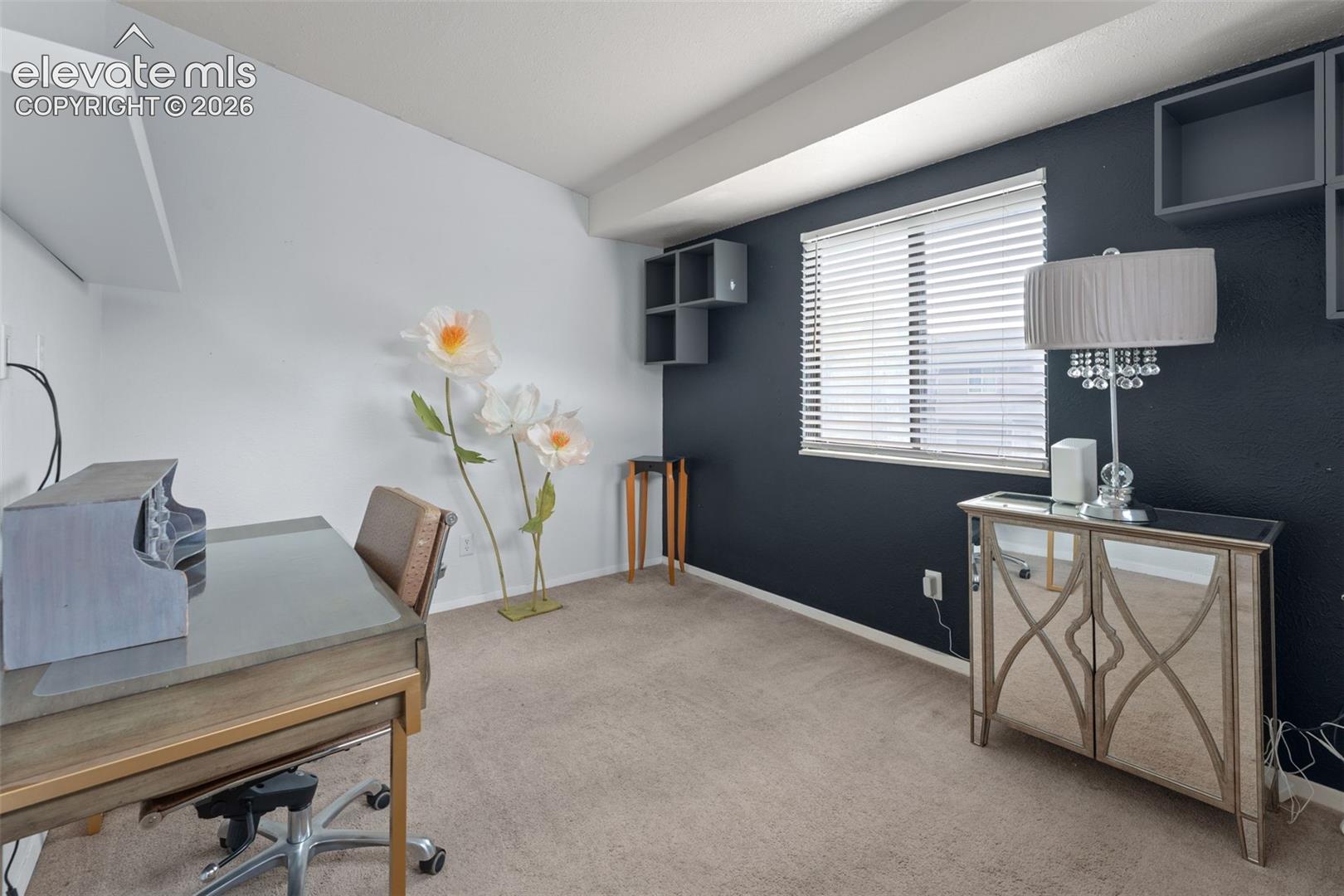 Window with blinds, wall-mounted shelving, and carpeting