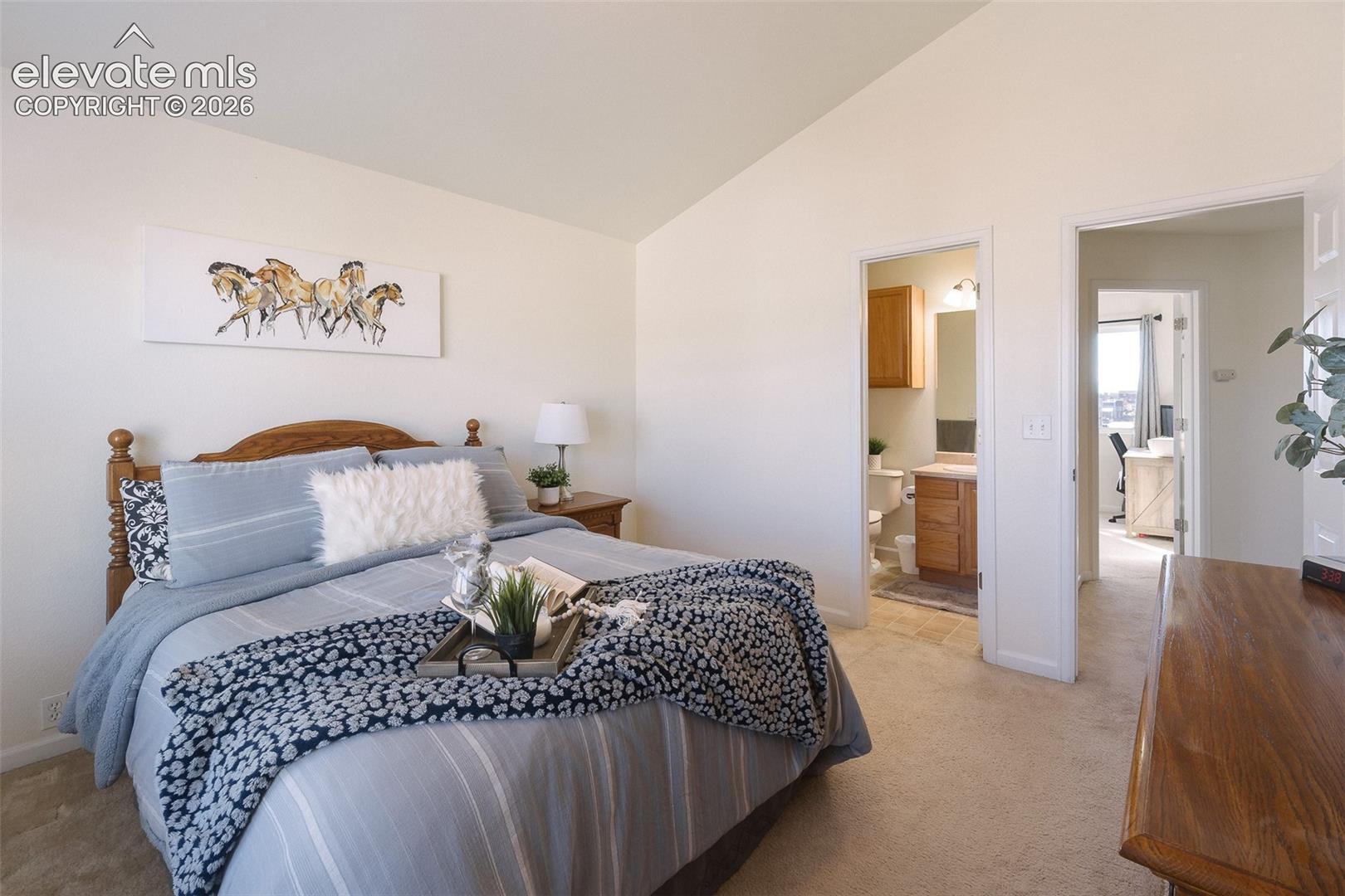 Vaulted ceiling, neutral wall paint, carpet flooring, a built-in bathroom vanity, and a wood-finish headboard
