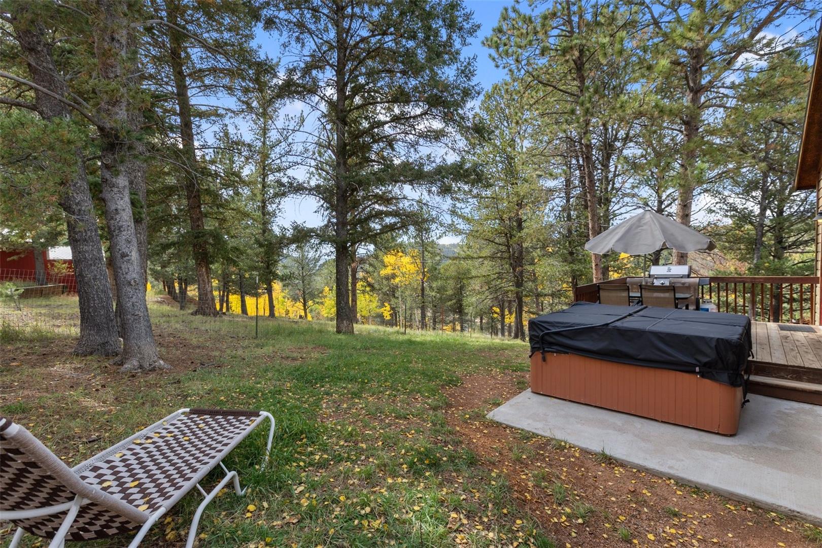 Expansive outdoor space featuring a hot tub, wood-finish decking, and mature trees