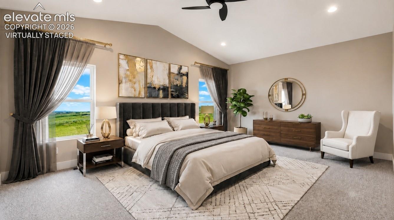 Virtually Staged Spacious interior featuring a vaulted ceiling and dual pane windows