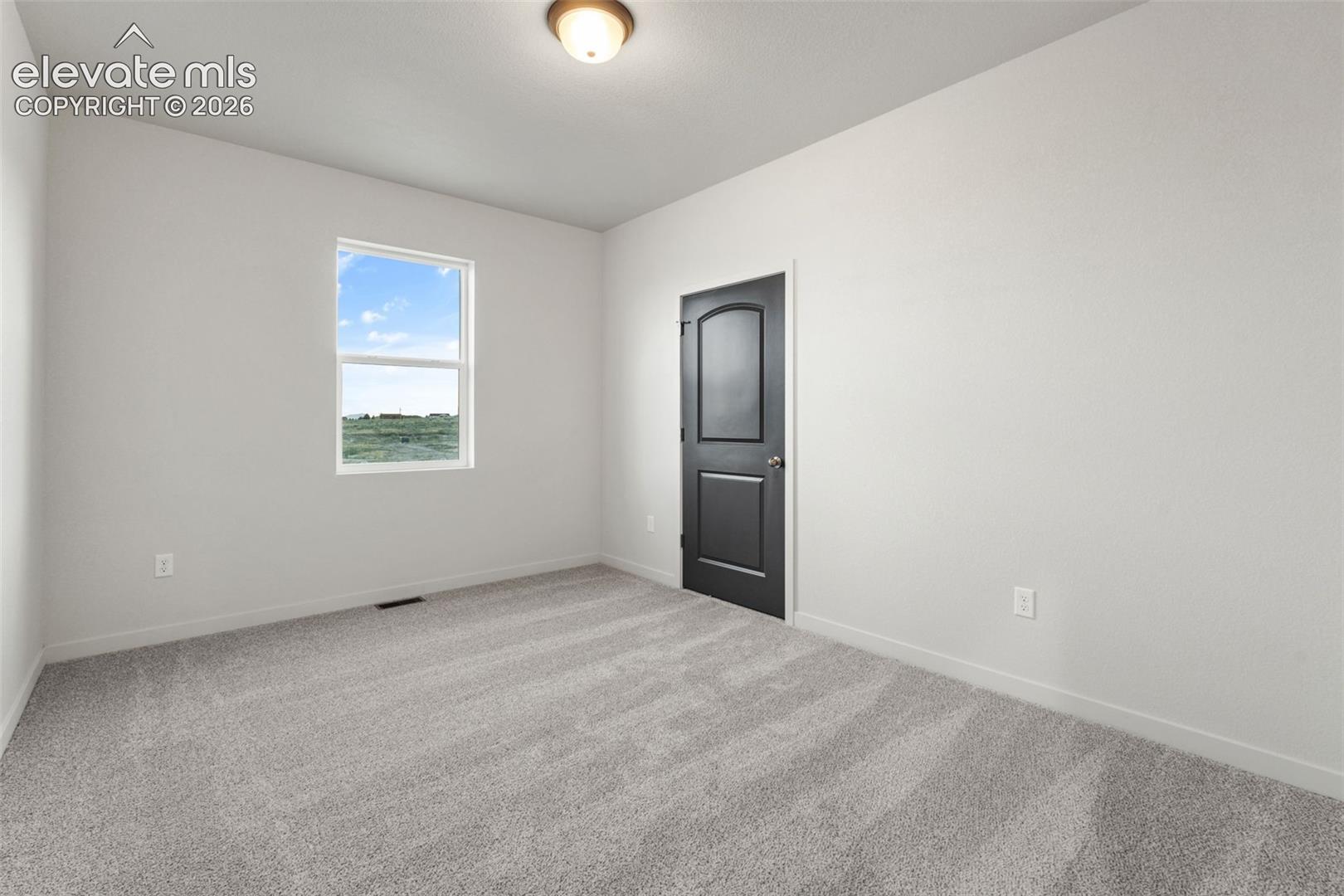 Neutral interior room featuring neutral-toned carpeting, a single-hung window, a solid-core dark finish interior door with arched detailing, and a flush-mount ceiling light fixture