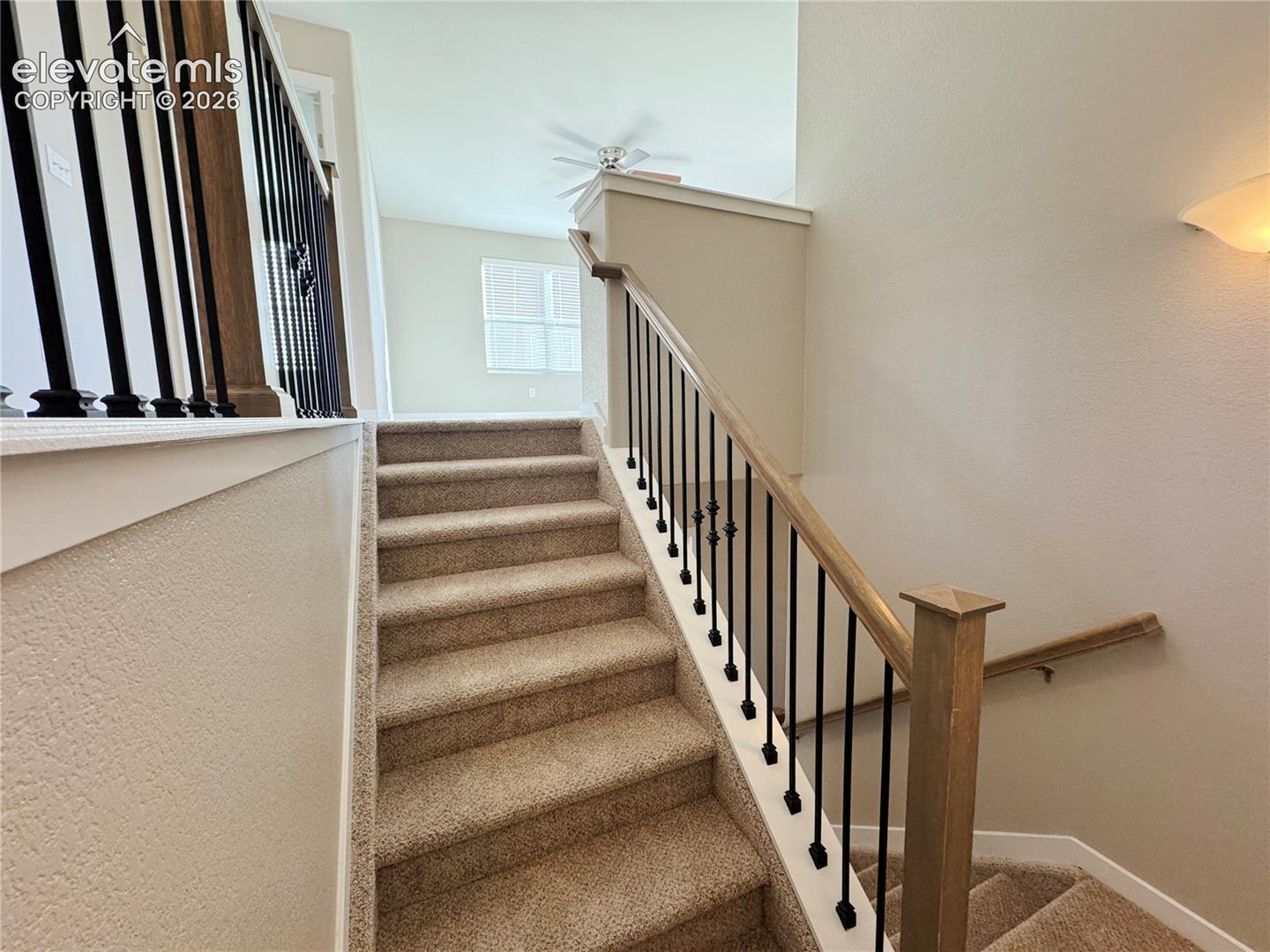 Staircase featuring neutral carpeting, a wooden handrail, and matte black metal balusters