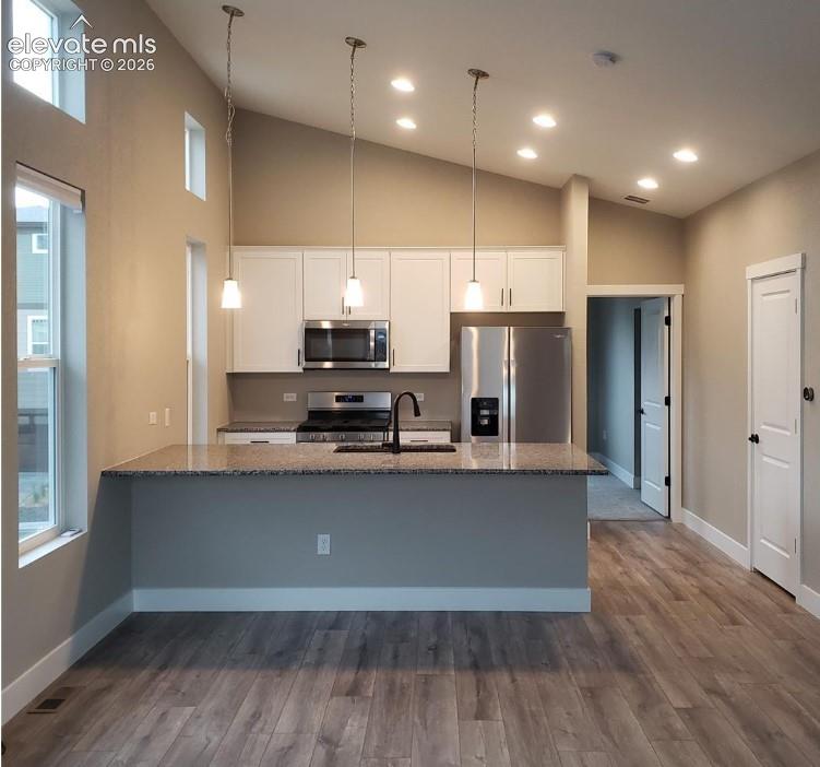 Kitchen featuring a stone-look countertop island, white cabinetry, stainless steel appliances, recessed lighting, and wood-finish flooring under a vaulted ceiling