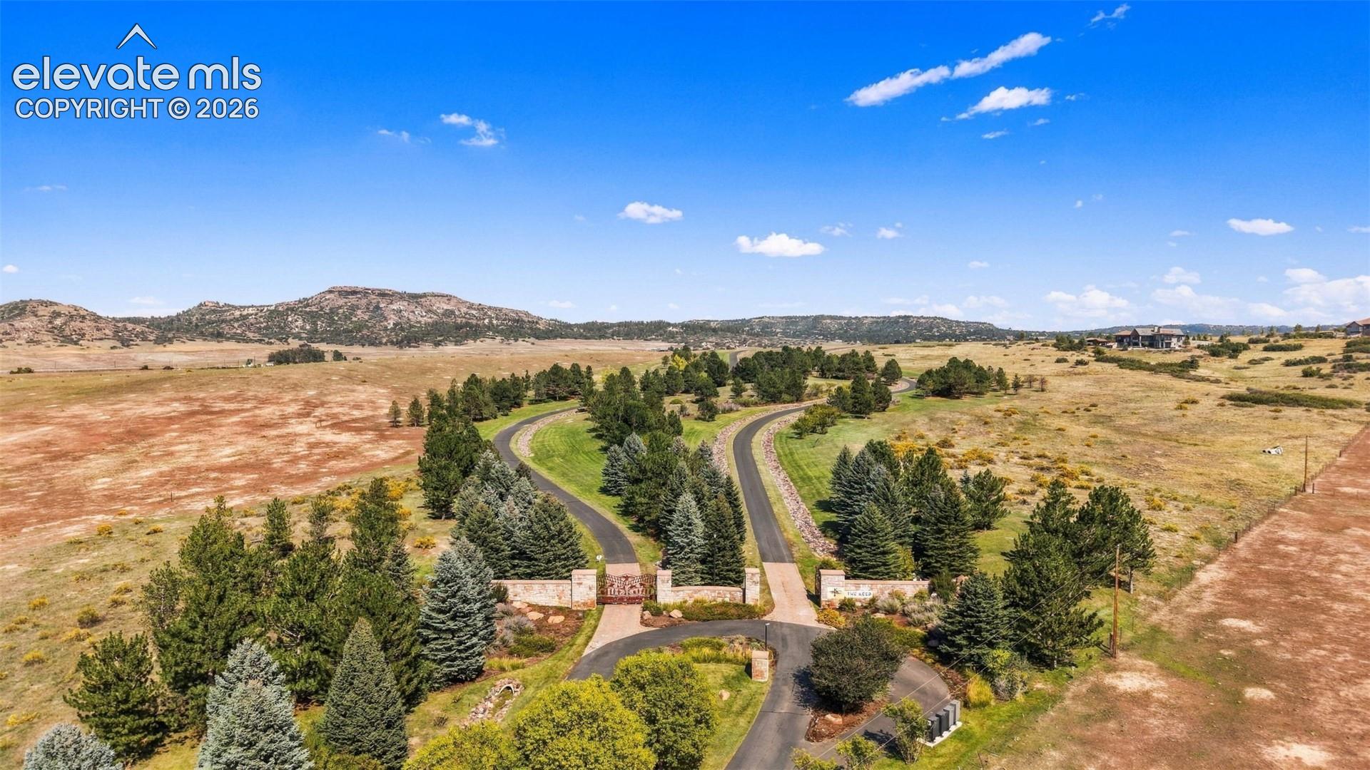 Expansive property featuring a paved driveway, mature evergreen trees, a gated entry, and distant mountain topography