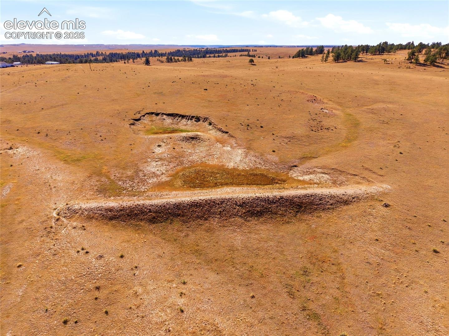 Expansive open acreage featuring natural topographical terrain, native grasses, and scattered evergreen trees