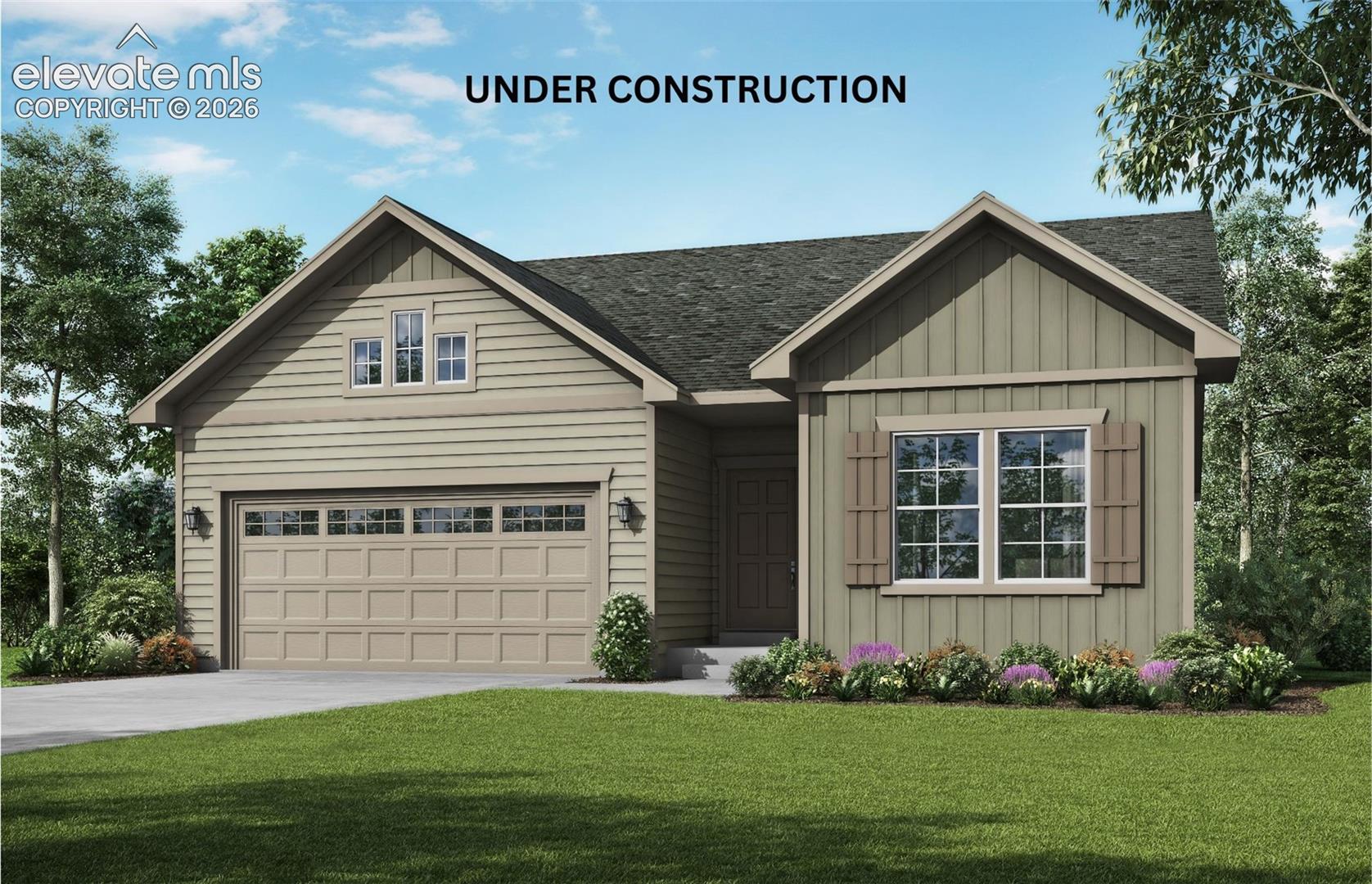 Single-story exterior featuring a mix of horizontal lap siding and vertical board-and-batten siding, a dual-gabled roofline, a multi-pane sectional garage door, and decorative window shutters