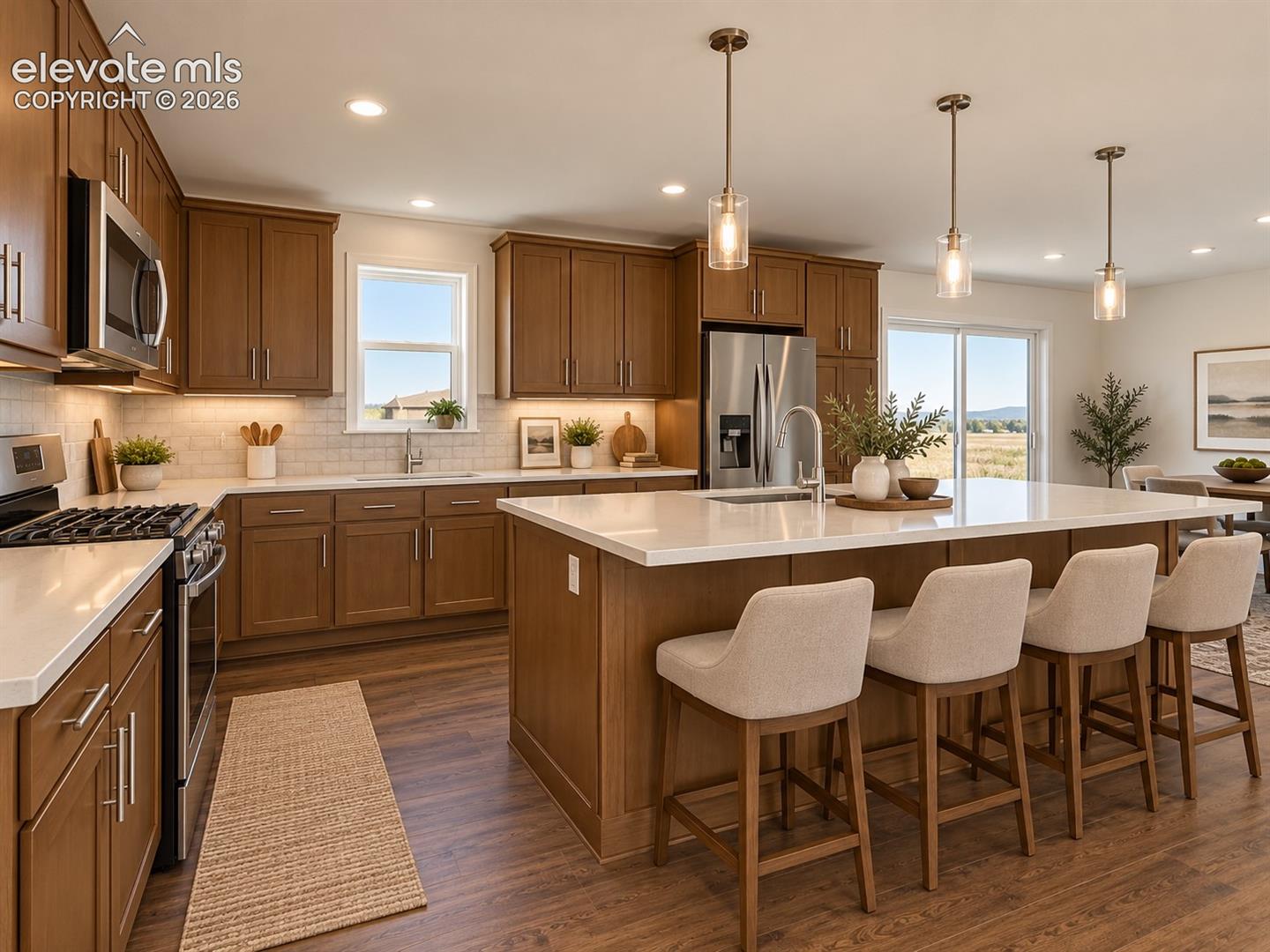 Kitchen – Another view highlights the expansive island, abundant cabinet storage, stainless steel appliances, and open connection to the dining area. The MLS report specifically identifies the kitchen as featuring an island, breakfast bar, eat-in configuration, and walk-out.