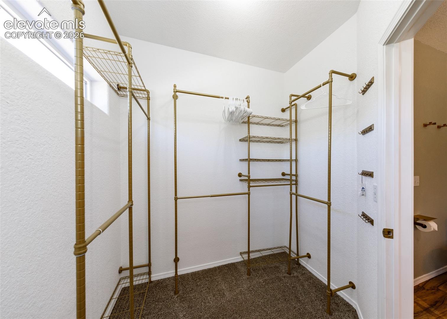 Primary Bedroom - Custom reach-in closet featuring gold-tone industrial pipe shelving and hanging rods, multi-level wire shelving, and wall-mounted storage hooks