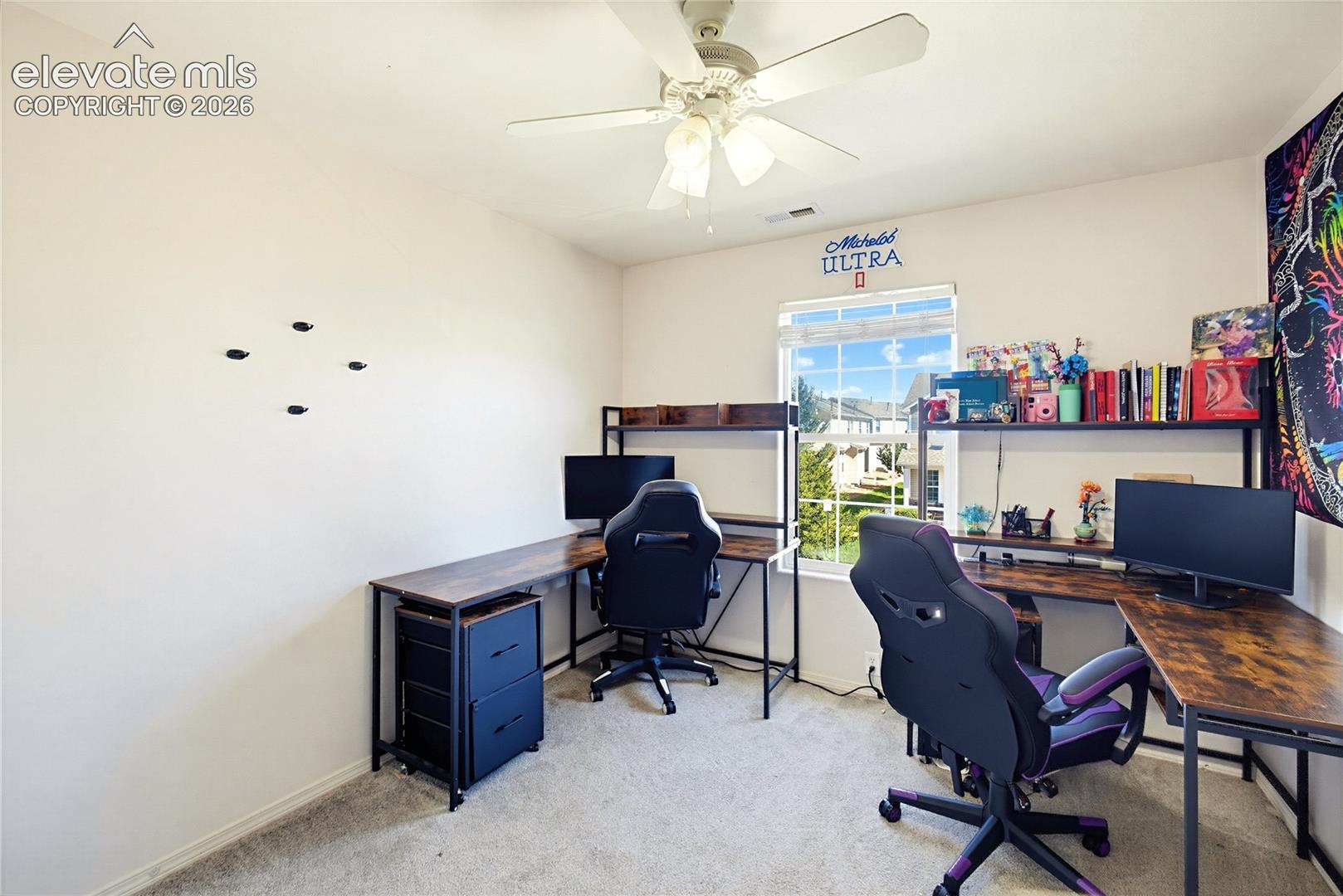 Recessed window, ceiling fan, and light-colored wall paint