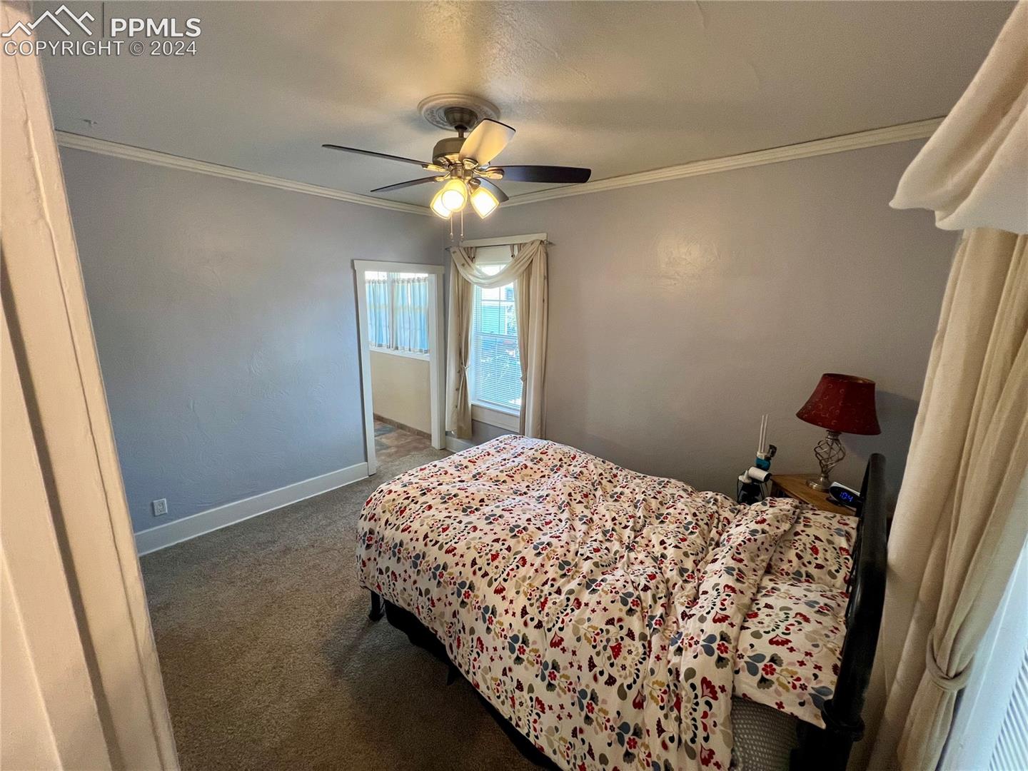 Carpeted bedroom featuring ceiling fan and ornamental molding