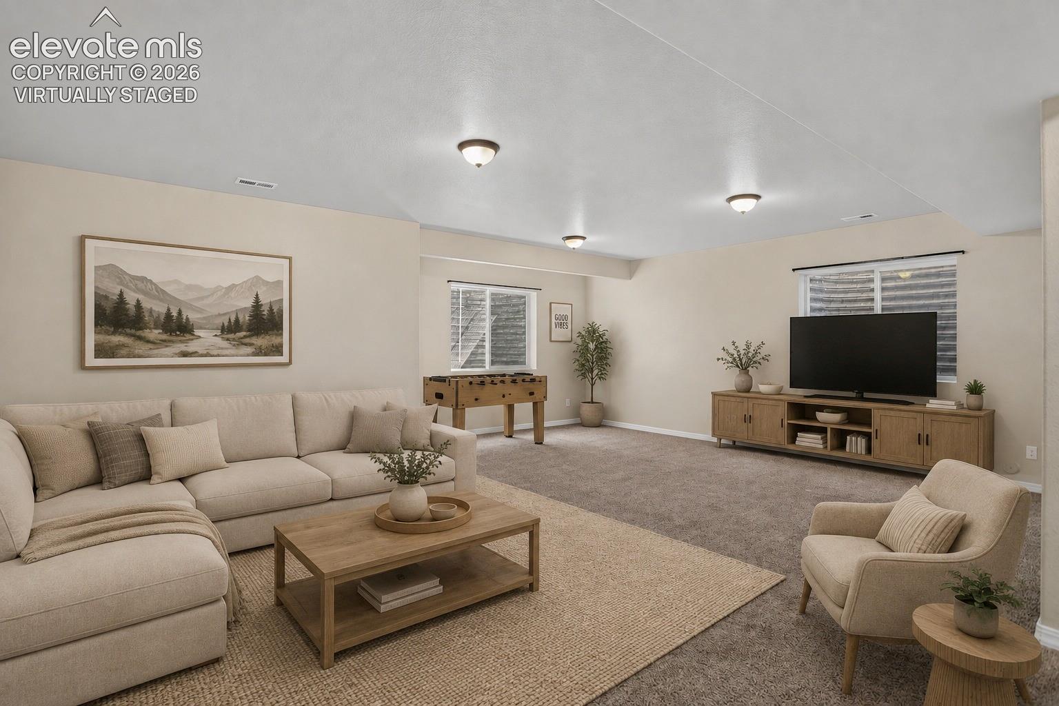 Virtually Staged - Recessed ceiling lights, carpeted flooring, and window blinds