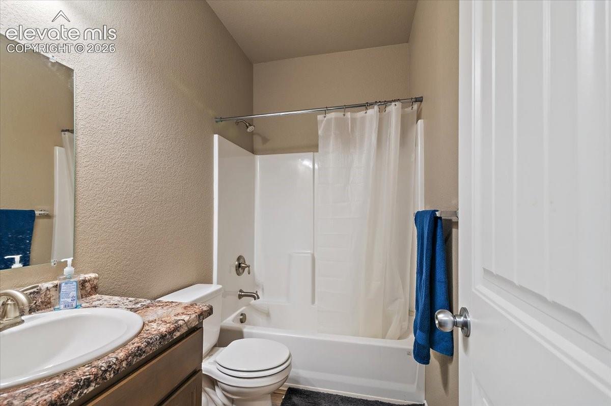 Full bathroom featuring a single-basin sink with a vanity, a toilet, and a combined shower and bathtub