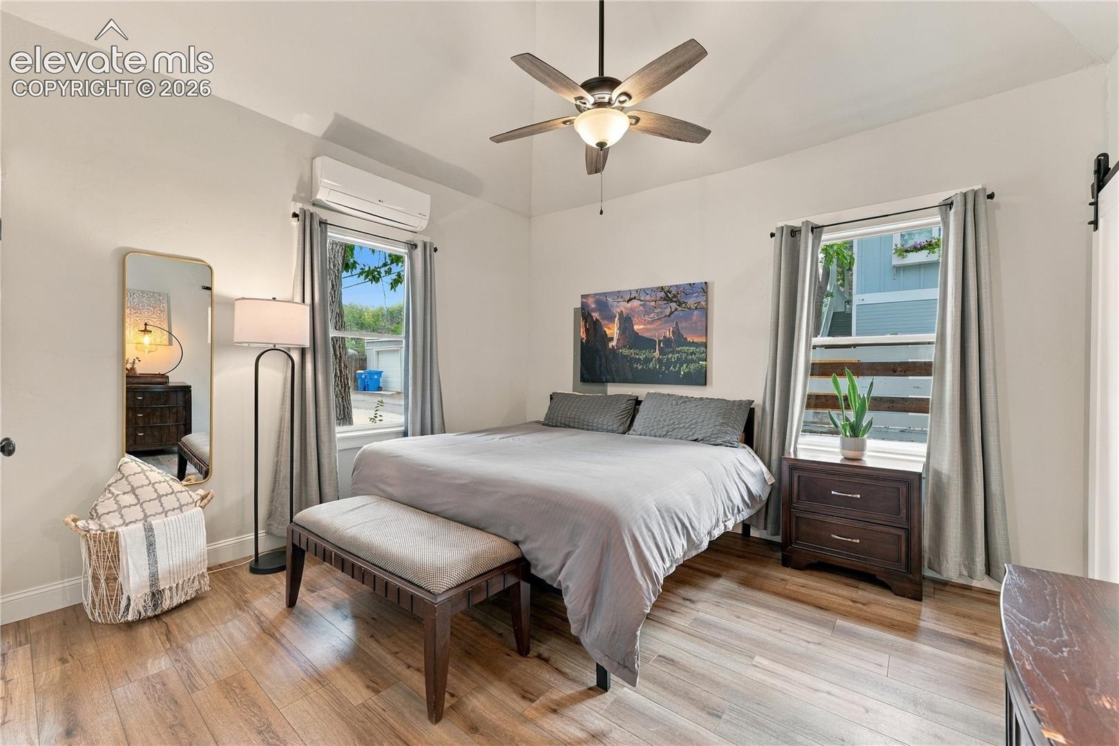 Light and bright bedroom suite with high ceilings. 